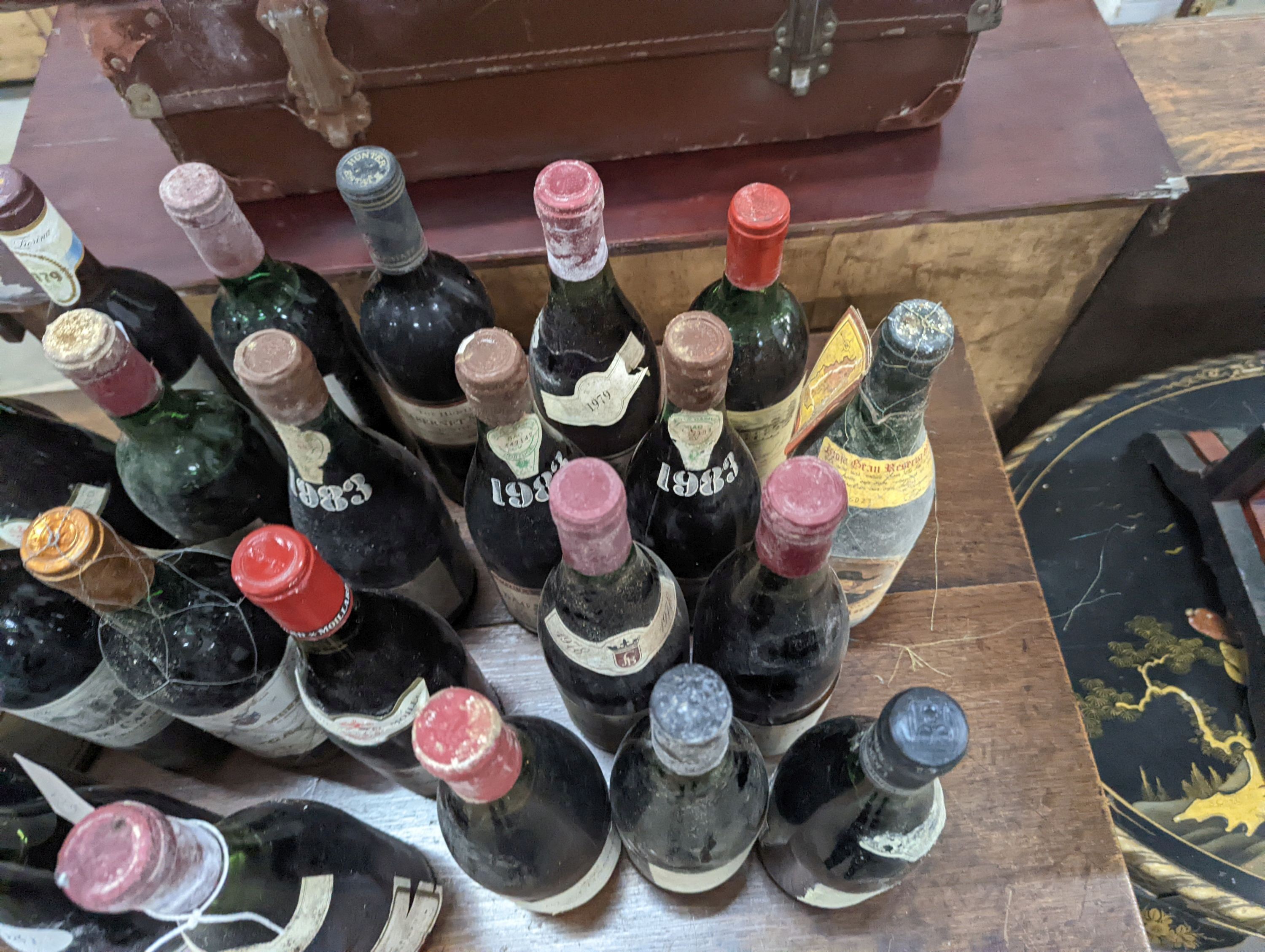 Twenty three bottles of assorted red wine, mainly French together with a bottle of Hungarian Tokaji